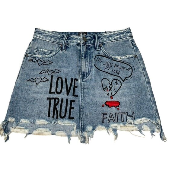 PRPS Women's Size 25 Can Am High Rise Mini Skirt Denim Distressed Doodle Print - Picture 1 of 8
